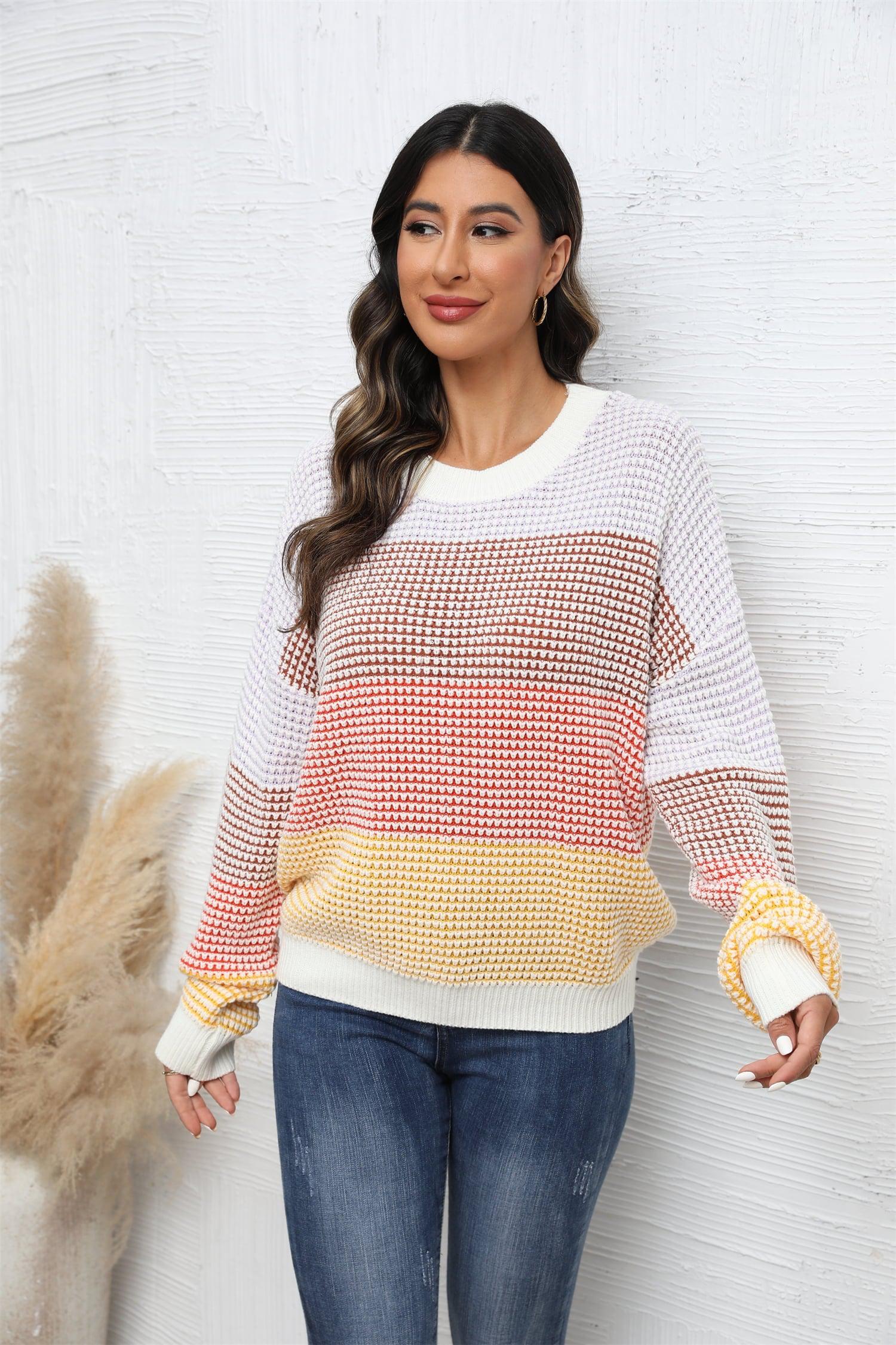 Waffle-Knit Round Neck Dropped Shoulder Color Block Sweater BLUE ZONE PLANET