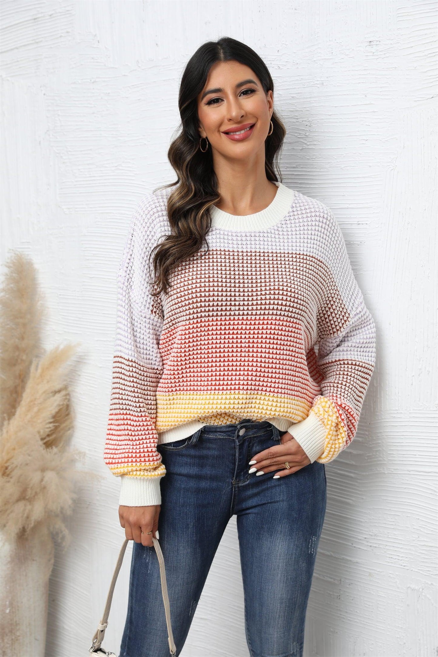 Waffle-Knit Round Neck Dropped Shoulder Color Block Sweater BLUE ZONE PLANET