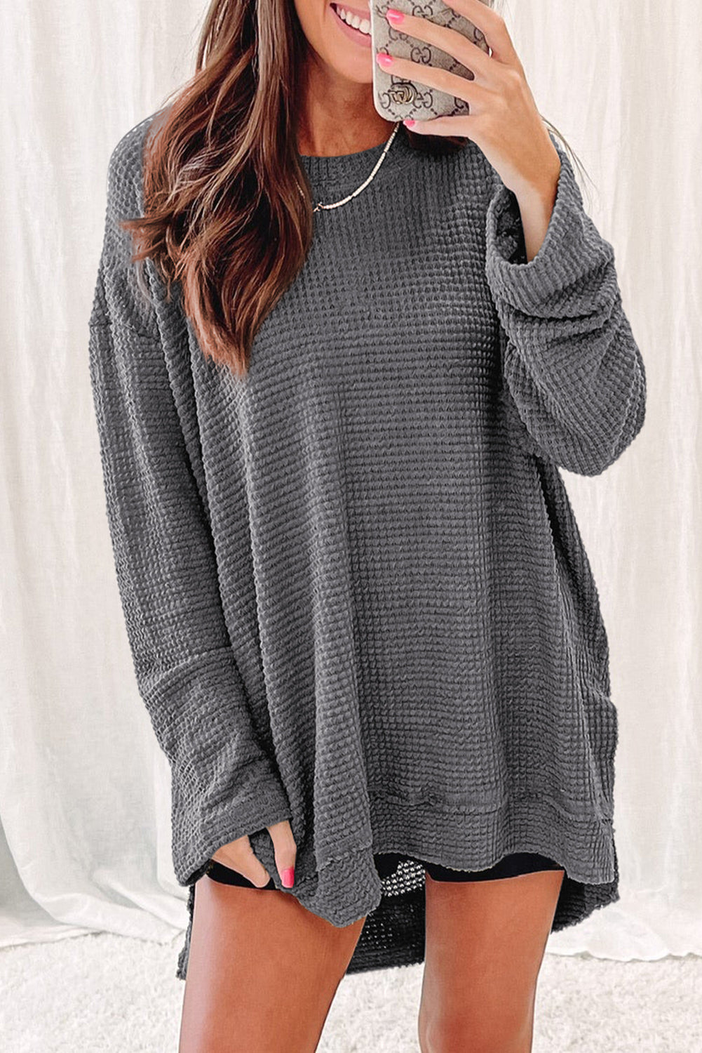 Waffle-Knit Round Neck Long Sleeve Sweatshirt BLUE ZONE PLANET