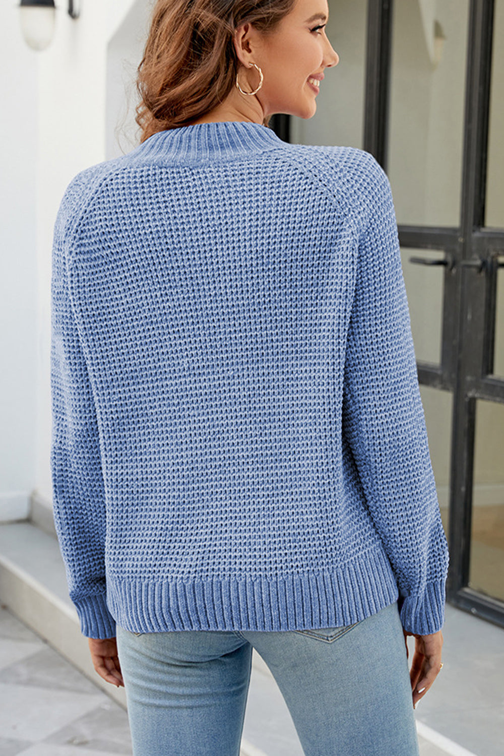 Waffle-Knit Round Neck Reglan Sleeve Sweater BLUE ZONE PLANET