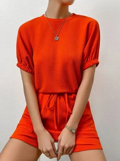 Waffle-Knit Round Neck T-Shirt and Pocketed Shorts Lounge Set Trendsi