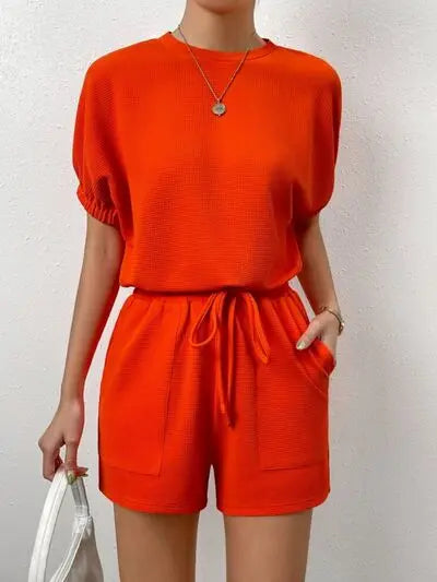 Waffle-Knit Round Neck T-Shirt and Pocketed Shorts Lounge Set Trendsi