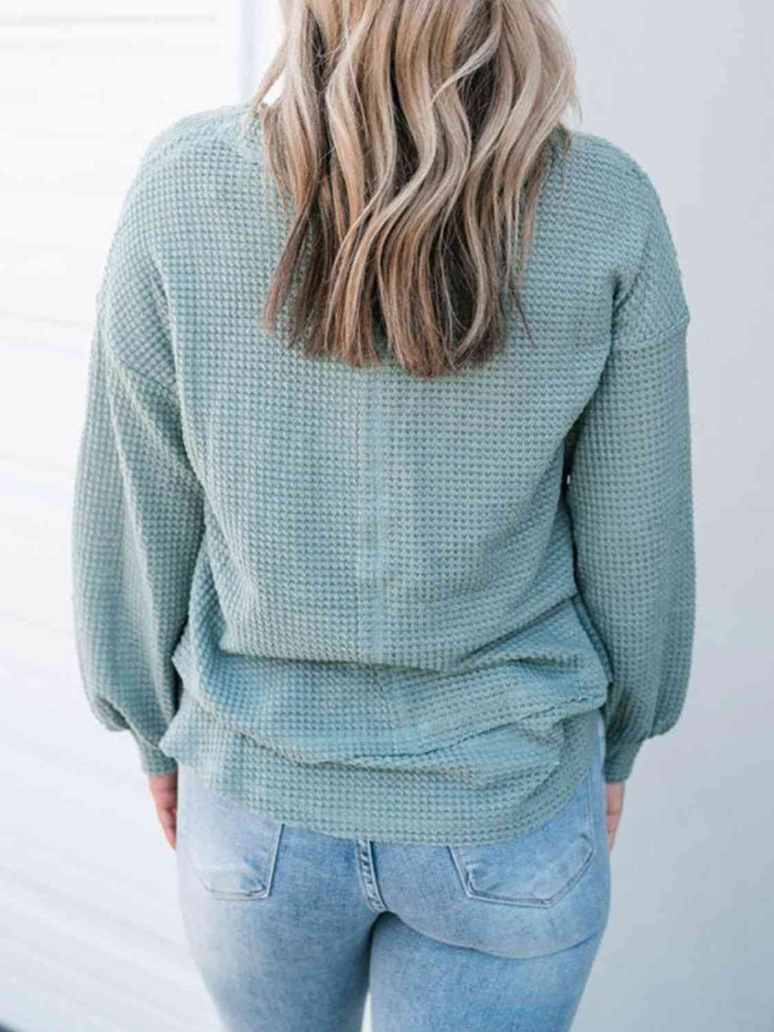 Waffle-Knit V-Neck Blouse with Breast Pocket BLUE ZONE PLANET