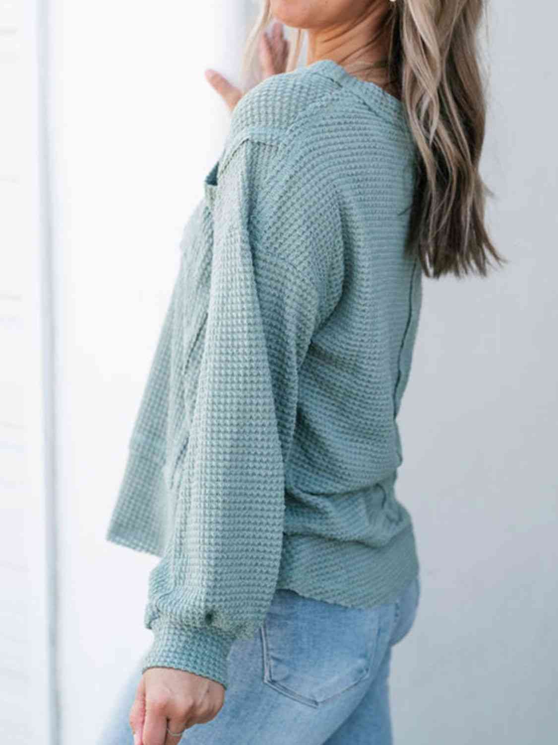 Waffle-Knit V-Neck Blouse with Breast Pocket BLUE ZONE PLANET