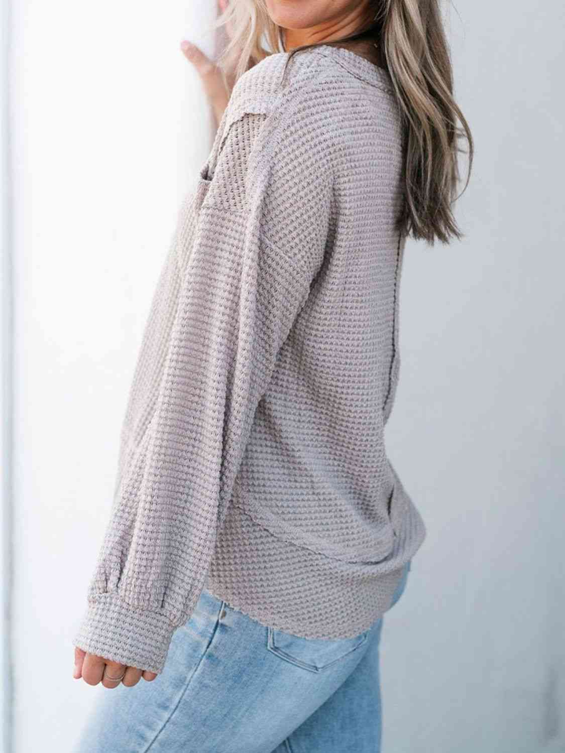 Waffle-Knit V-Neck Blouse with Breast Pocket BLUE ZONE PLANET