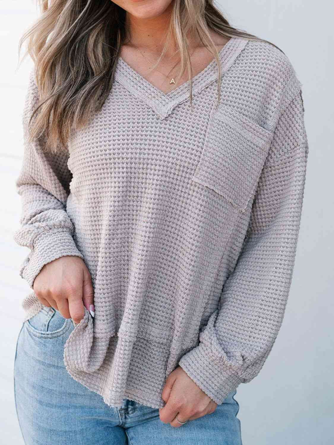 Waffle-Knit V-Neck Blouse with Breast Pocket BLUE ZONE PLANET