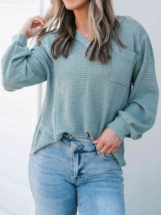 Waffle-Knit V-Neck Blouse with Breast Pocket BLUE ZONE PLANET