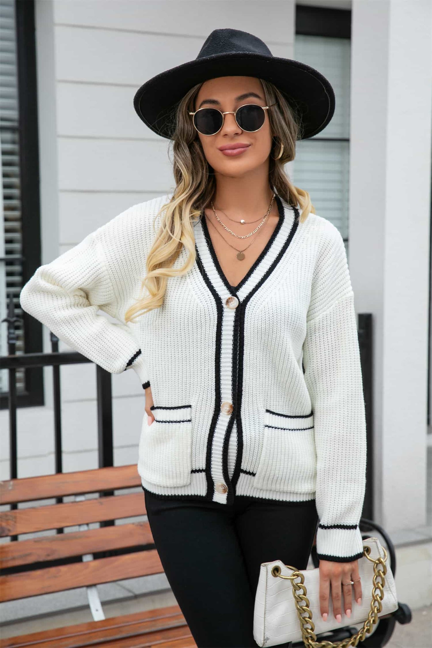 Waffle Knit V-Neck Cardigan with Pocket BLUE ZONE PLANET