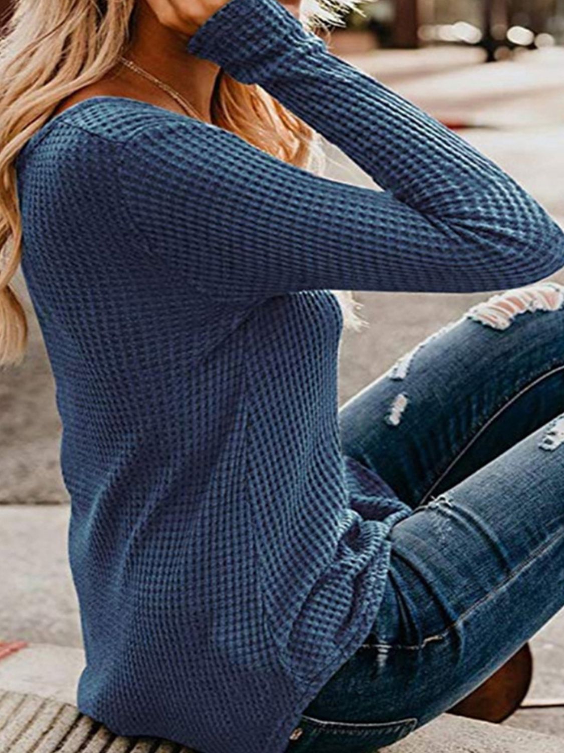 Waffle-Knit V-Neck Top BLUE ZONE PLANET