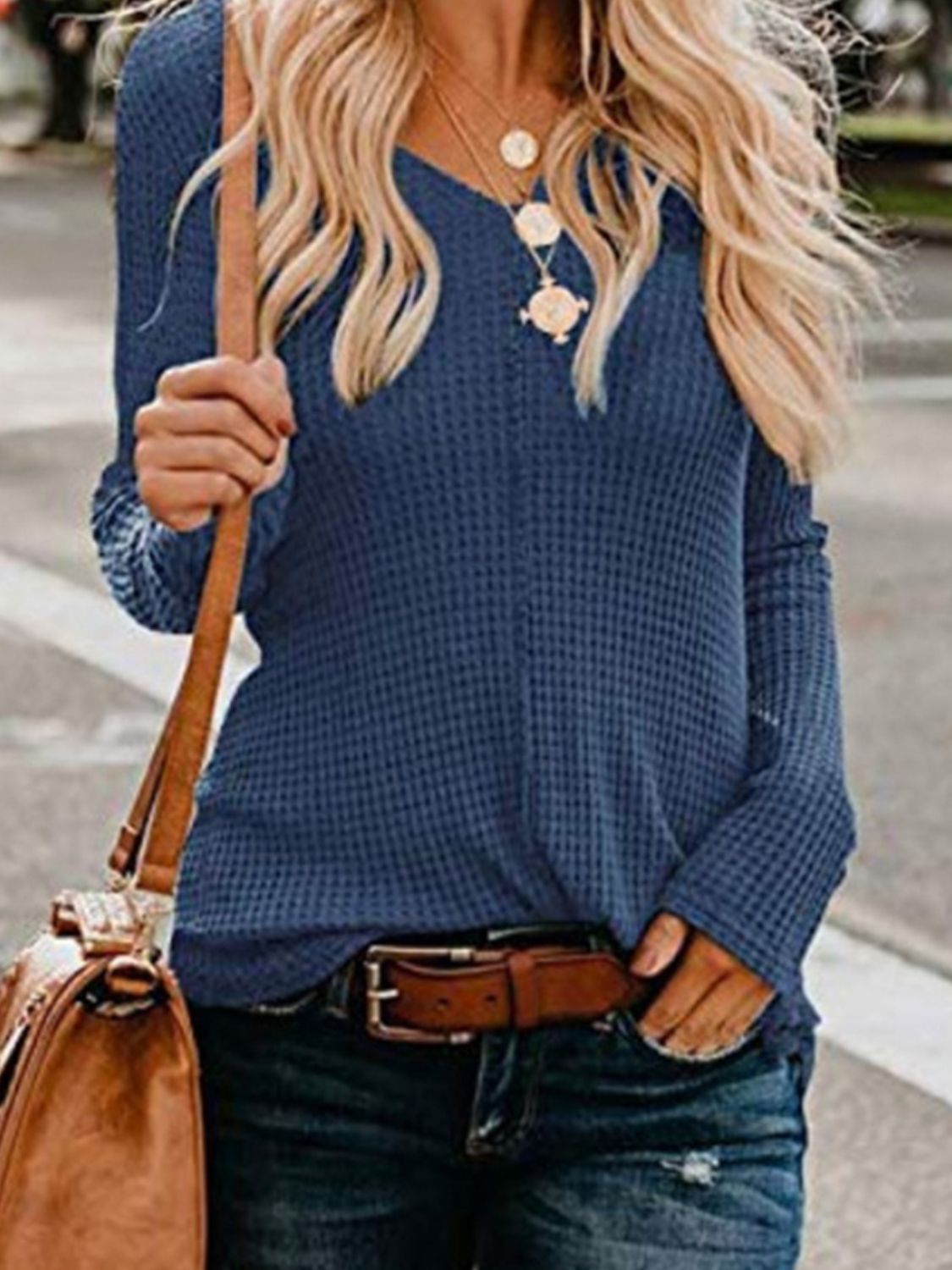 Waffle-Knit V-Neck Top BLUE ZONE PLANET