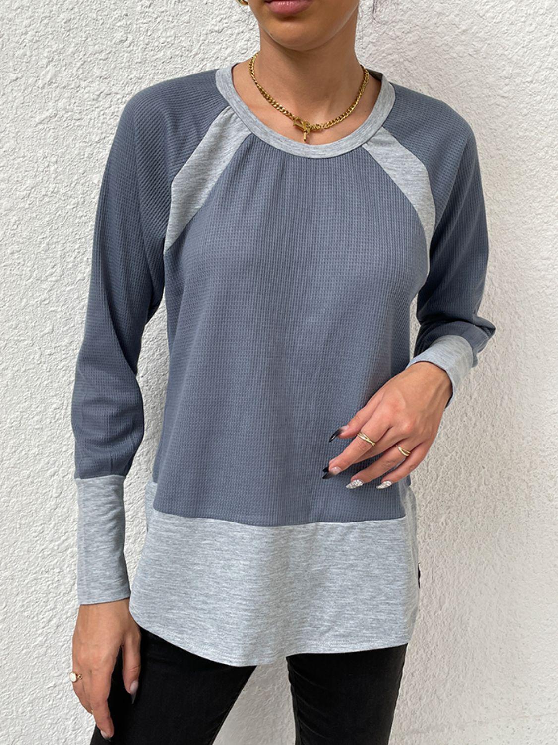 Waffle-knit Round Neck Raglan Sleeve Tee BLUE ZONE PLANET