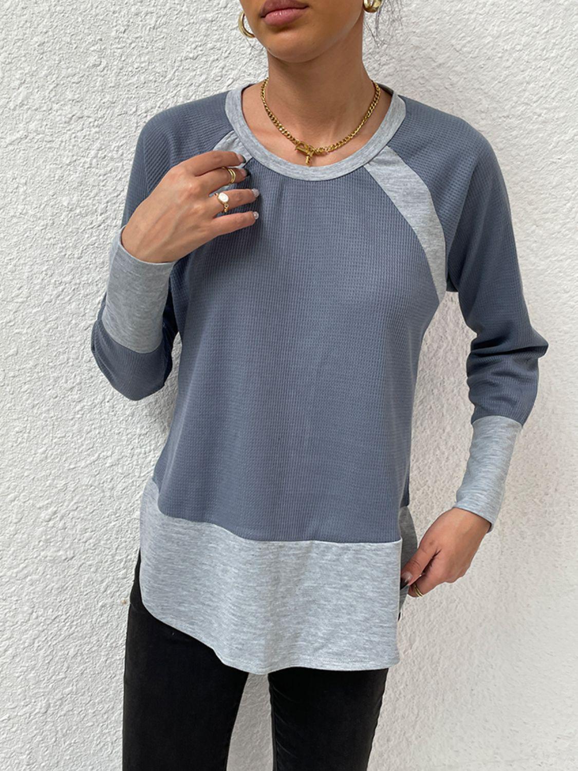 Waffle-knit Round Neck Raglan Sleeve Tee BLUE ZONE PLANET