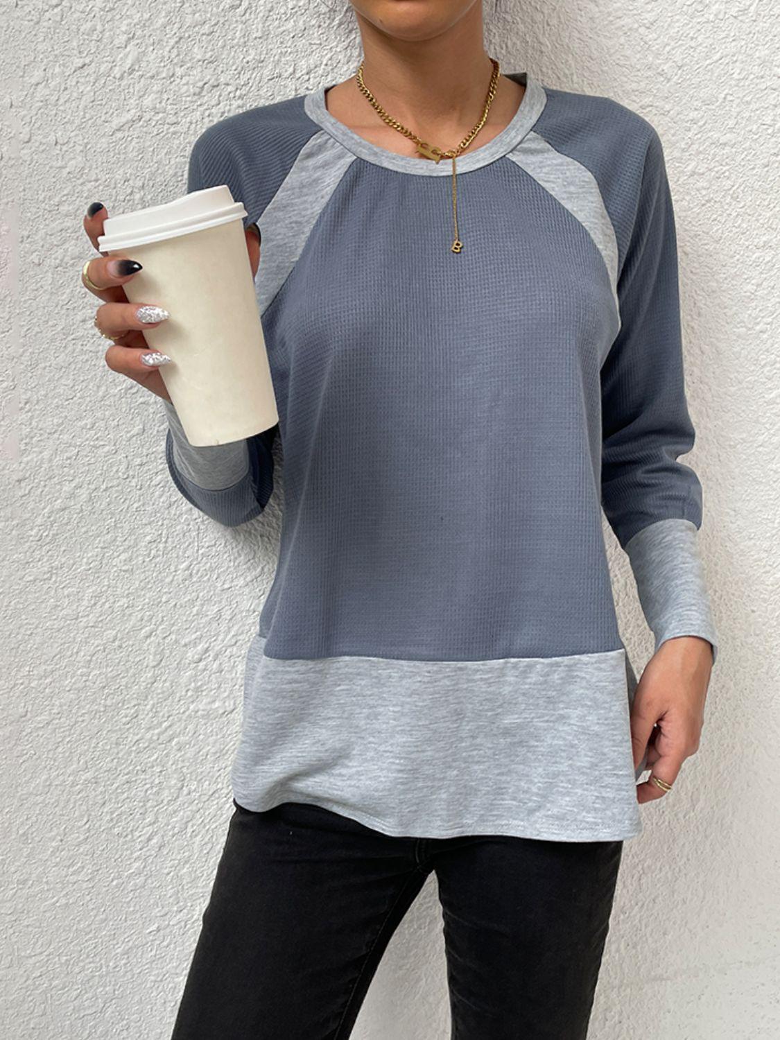 Waffle-knit Round Neck Raglan Sleeve Tee BLUE ZONE PLANET