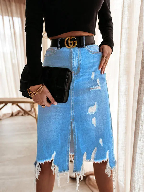 Washed Irregular Ripped Fringed Denim Skirt kakaclo