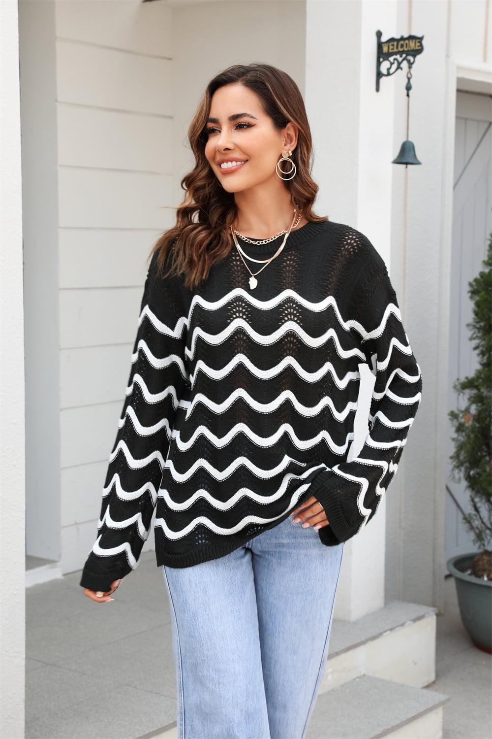 Wave Pattern Round Neck Long Sleeve Sweater BLUE ZONE PLANET