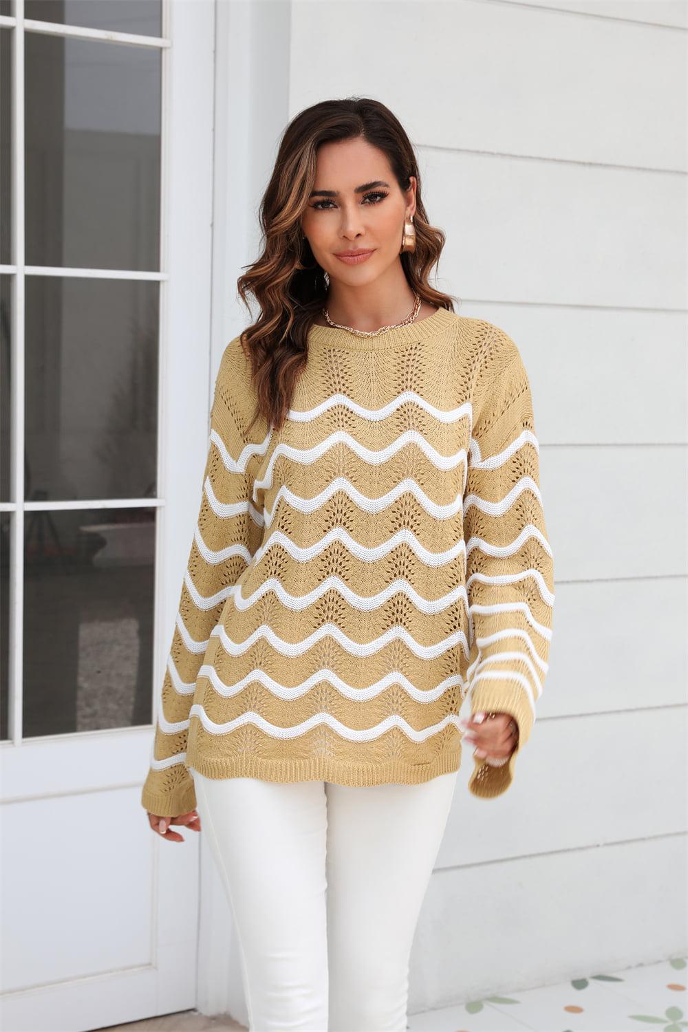 Wave Pattern Round Neck Long Sleeve Sweater BLUE ZONE PLANET