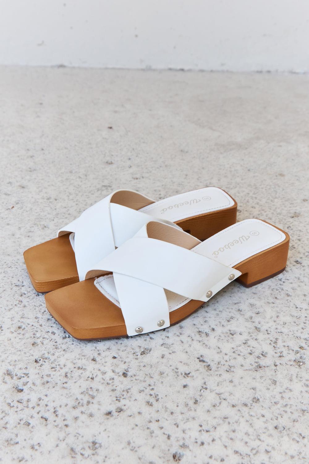 Weeboo Step Into Summer Criss Cross Wooden Clog Mule in White BLUE ZONE PLANET