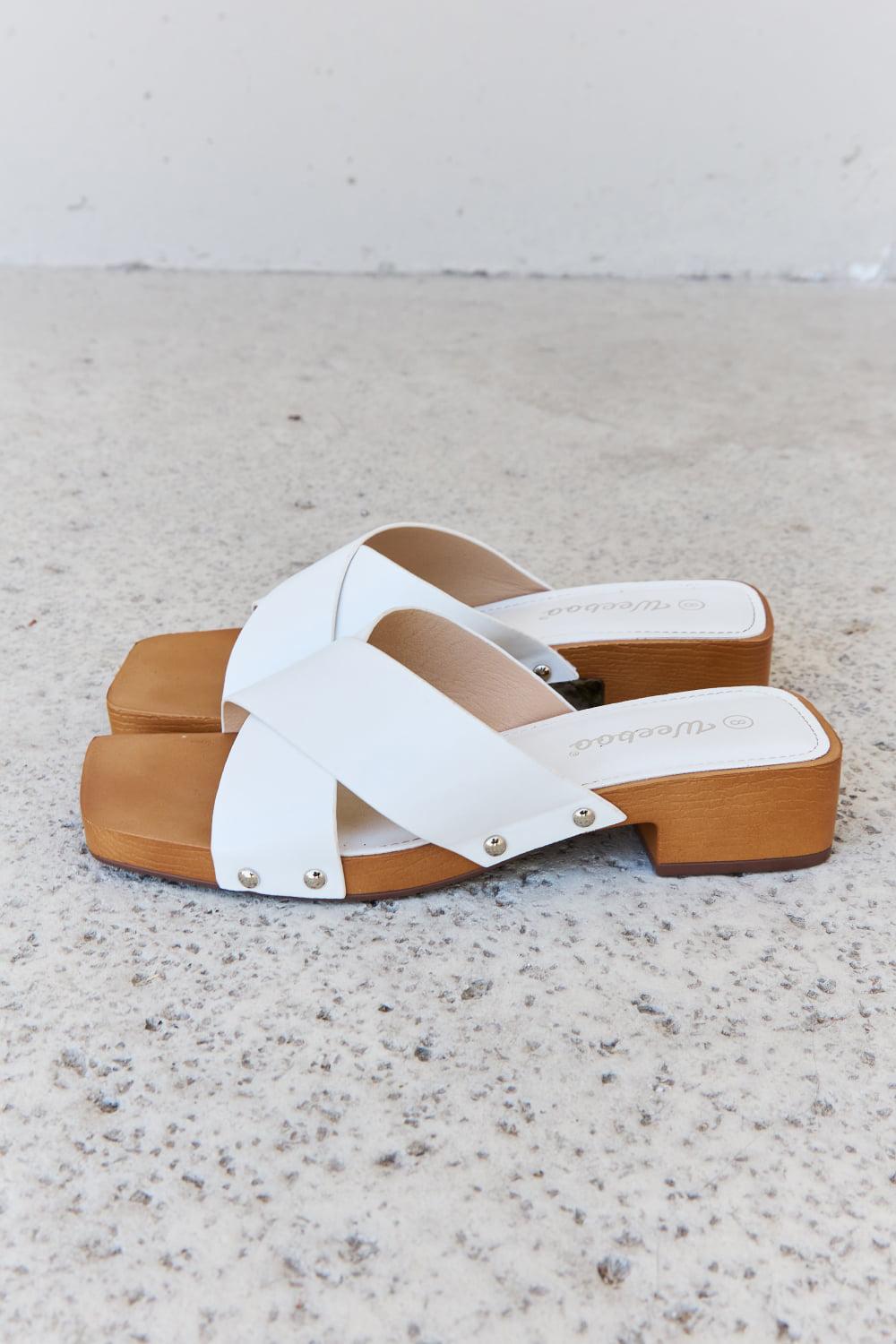 Weeboo Step Into Summer Criss Cross Wooden Clog Mule in White BLUE ZONE PLANET