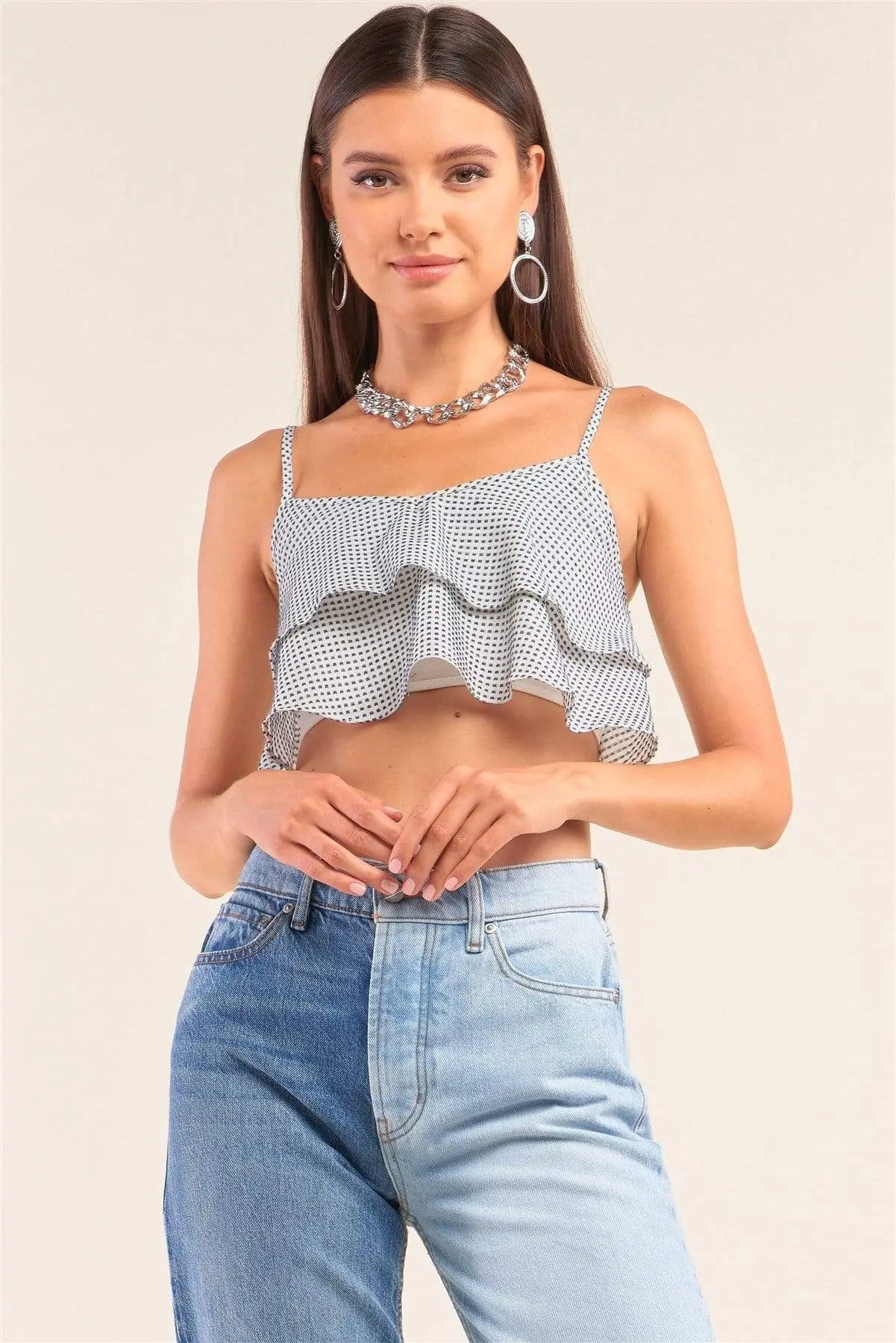 White And Navy Sleeveless Polka Square Layered Smock Back Cropped Top Blue Zone Planet