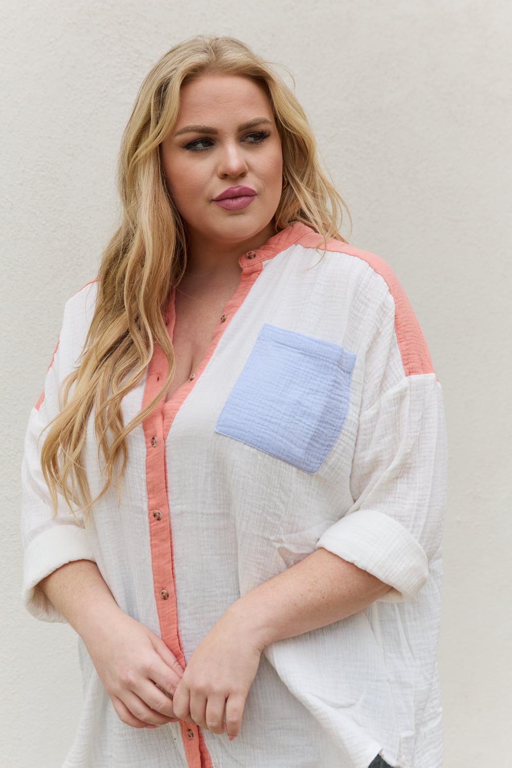 White Birch Full Size Color Block Woven Button Down Top-TOPS / DRESSES-[Adult]-[Female]-2022 Online Blue Zone Planet