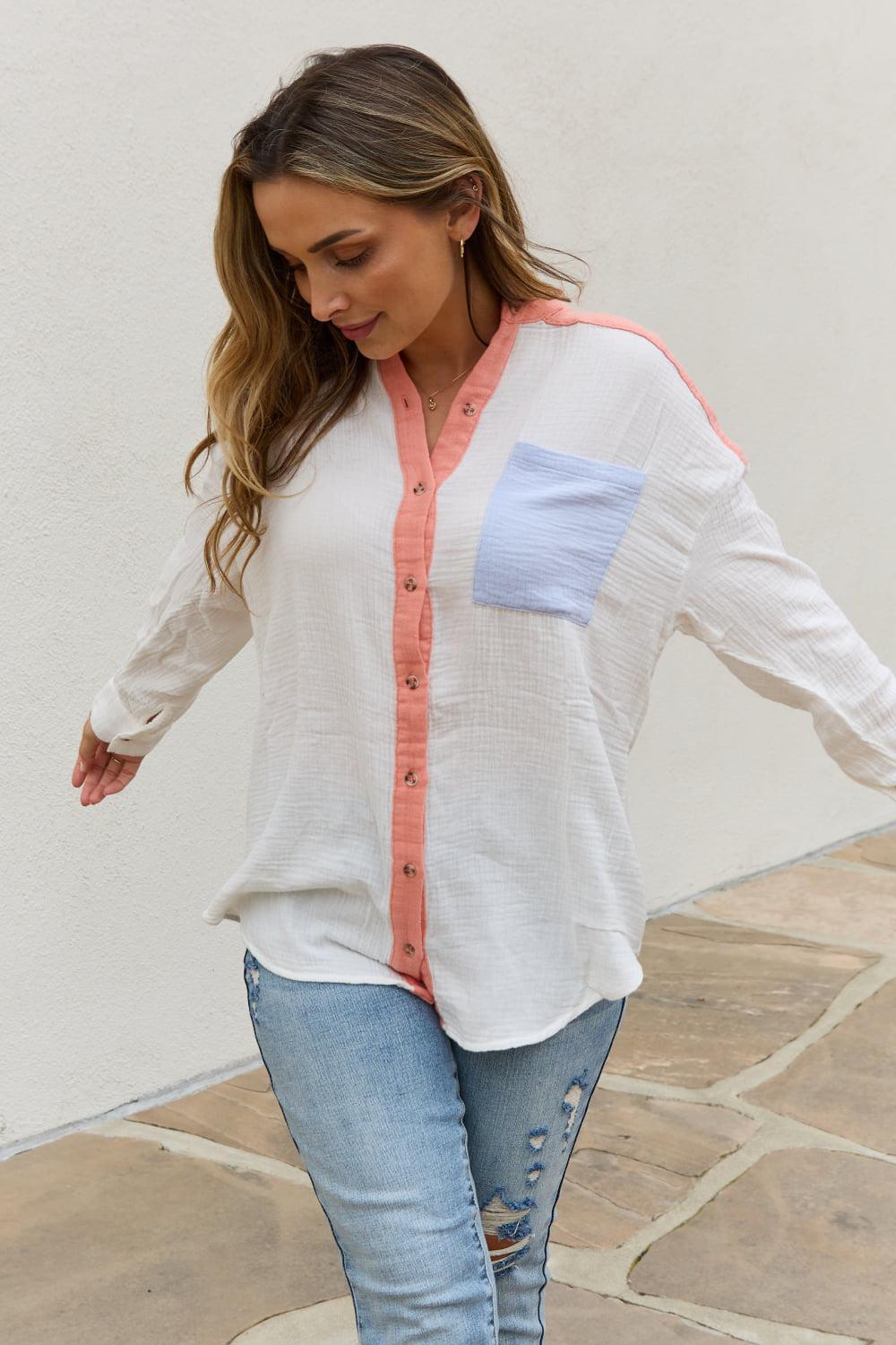 White Birch Full Size Color Block Woven Button Down Top-TOPS / DRESSES-[Adult]-[Female]-2022 Online Blue Zone Planet