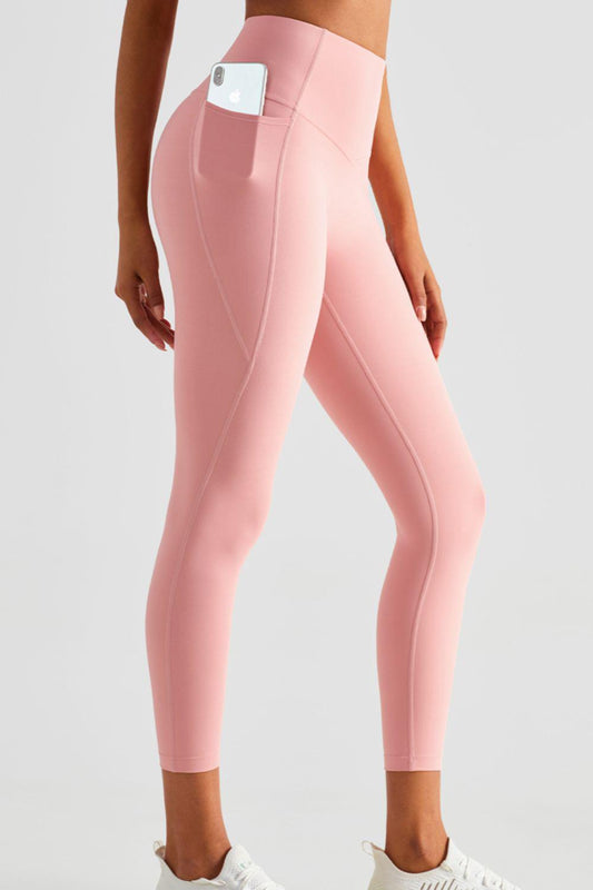 Wide Waistband Sports Leggings with Pockets-BOTTOM SIZES SMALL MEDIUM LARGE-[Adult]-[Female]-Blush Pink-4-2022 Online Blue Zone Planet