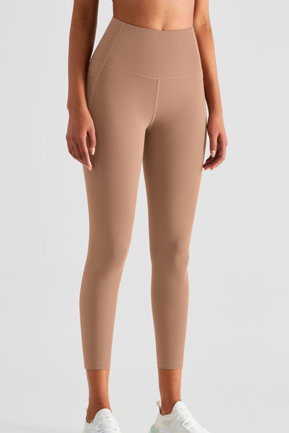 Wide Waistband Sports Leggings with Pockets-BOTTOM SIZES SMALL MEDIUM LARGE-[Adult]-[Female]-Camel-4-2022 Online Blue Zone Planet