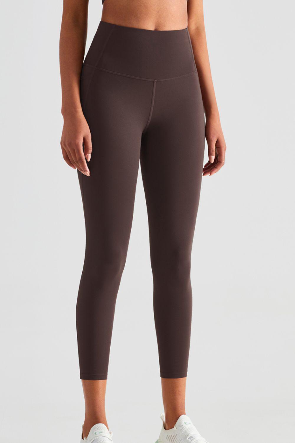 Wide Waistband Sports Leggings with Pockets-BOTTOM SIZES SMALL MEDIUM LARGE-[Adult]-[Female]-Chocolate-4-2022 Online Blue Zone Planet