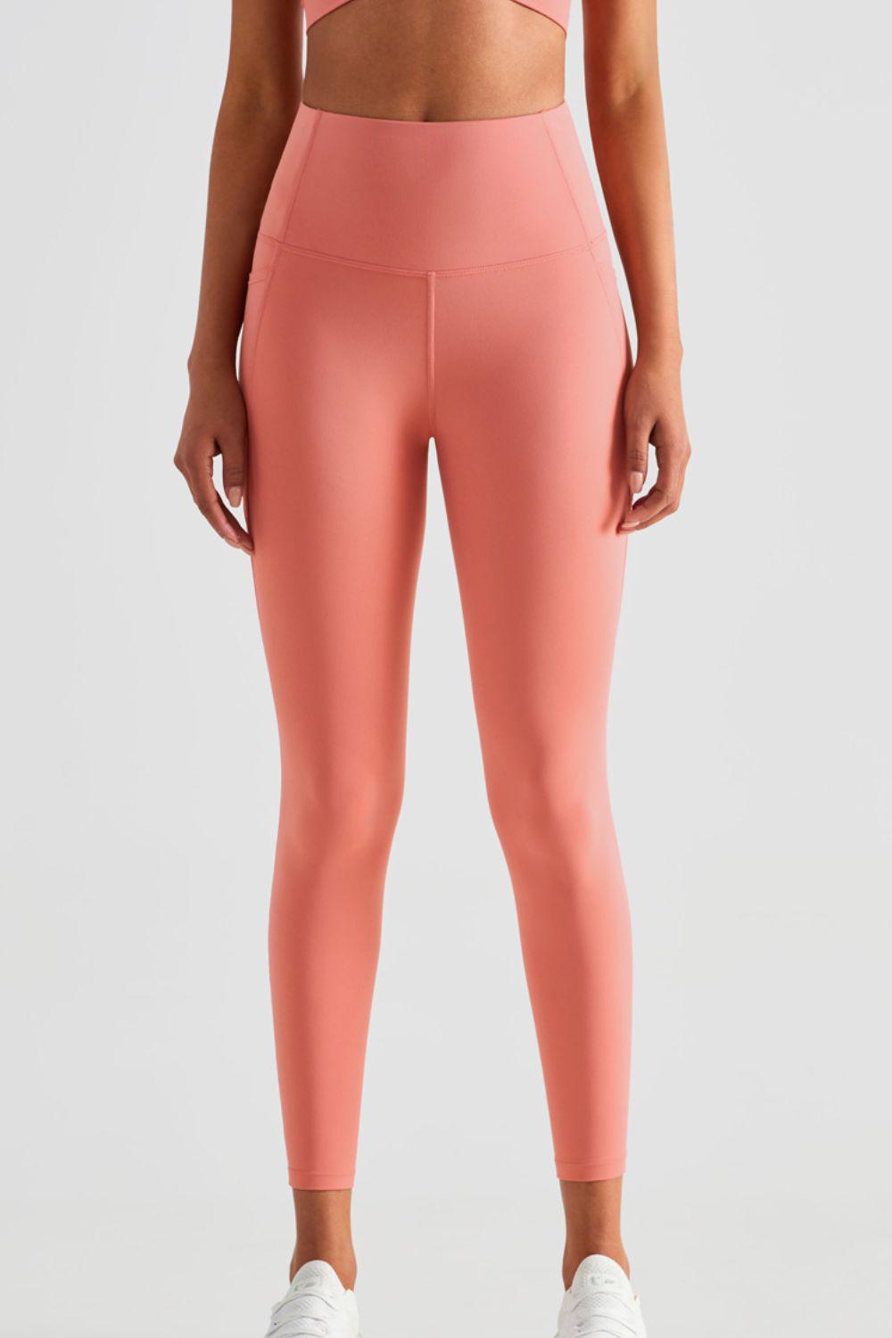 Wide Waistband Sports Leggings with Pockets-BOTTOM SIZES SMALL MEDIUM LARGE-[Adult]-[Female]-Coral-4-2022 Online Blue Zone Planet