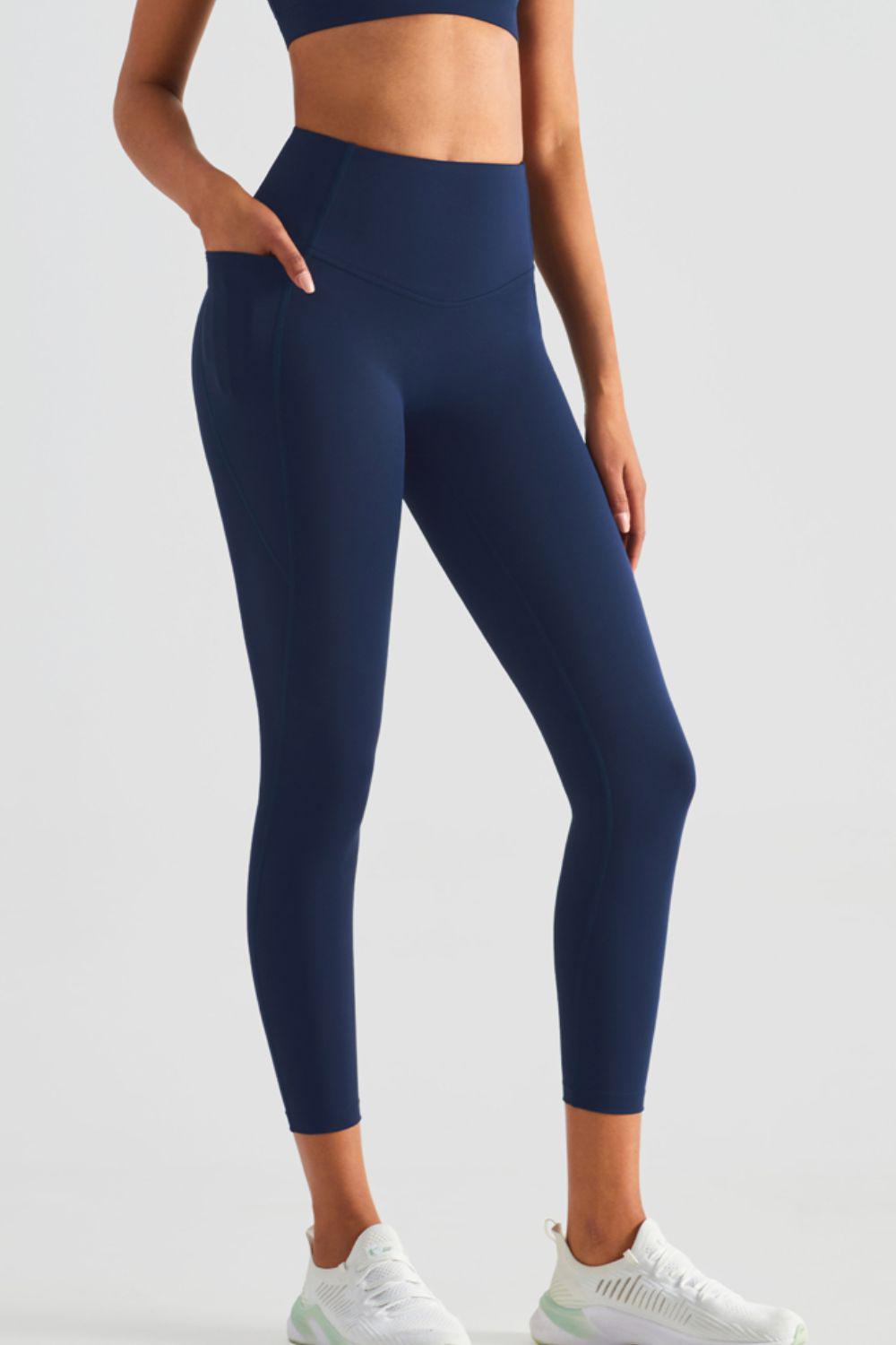 Wide Waistband Sports Leggings with Pockets-BOTTOM SIZES SMALL MEDIUM LARGE-[Adult]-[Female]-Dark Navy-4-2022 Online Blue Zone Planet