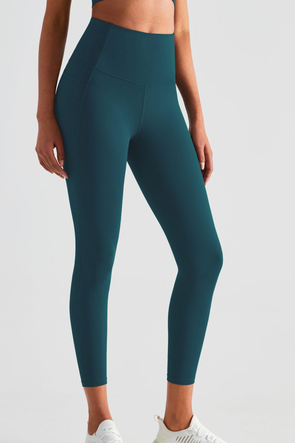 Wide Waistband Sports Leggings with Pockets-BOTTOM SIZES SMALL MEDIUM LARGE-[Adult]-[Female]-Deep Teal-4-2022 Online Blue Zone Planet