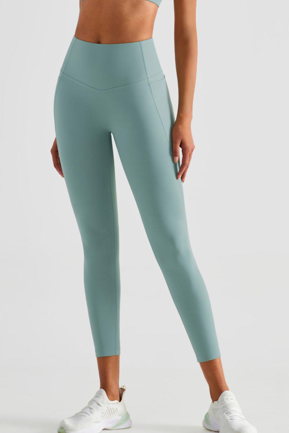 Wide Waistband Sports Leggings with Pockets-BOTTOM SIZES SMALL MEDIUM LARGE-[Adult]-[Female]-Gum Leaf-4-2022 Online Blue Zone Planet