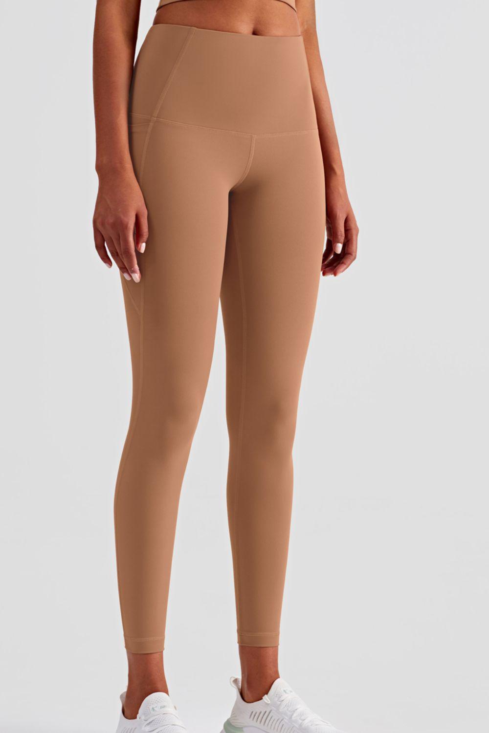 Wide Waistband Sports Leggings with Side Pockets-BOTTOM SIZES SMALL MEDIUM LARGE-[Adult]-[Female]-Caramel-S-2022 Online Blue Zone Planet