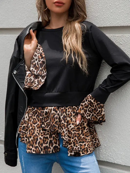 Woman'S Autumn Crew Neck Top Black Patchwork Leopard Print Long Sleeve T-Shirt kakaclo