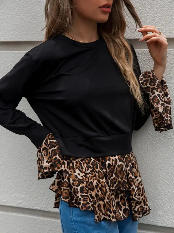 Woman'S Autumn Crew Neck Top Black Patchwork Leopard Print Long Sleeve T-Shirt kakaclo