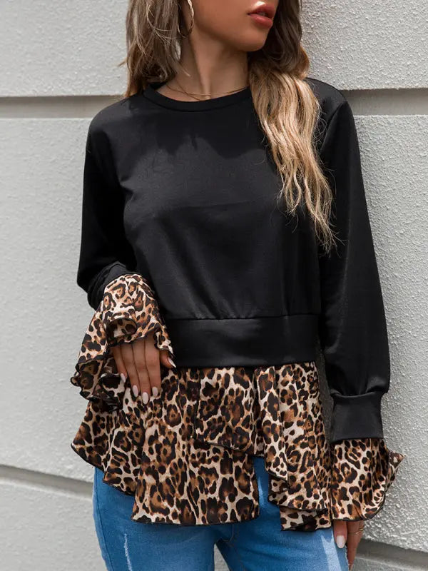 Woman'S Autumn Crew Neck Top Black Patchwork Leopard Print Long Sleeve T-Shirt kakaclo