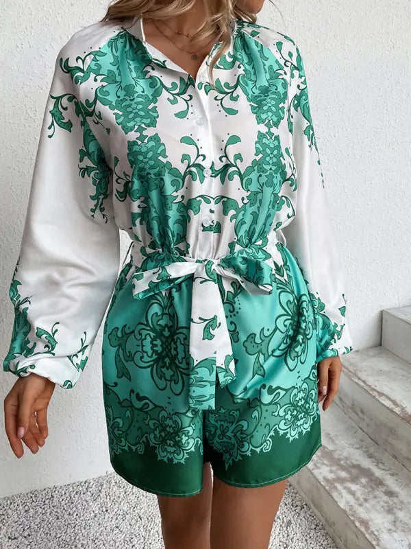 Woman'S Autumn Puff Sleeve Lapel Long Sleeve Print Lace Up Jumpsuit kakaclo