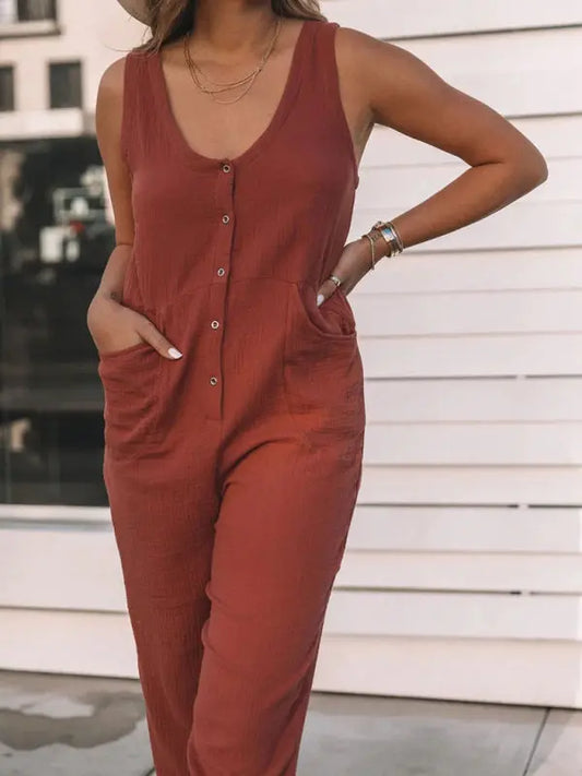 Women's Casual Fashion Solid Color Button Casual Jumpsuit kakaclo