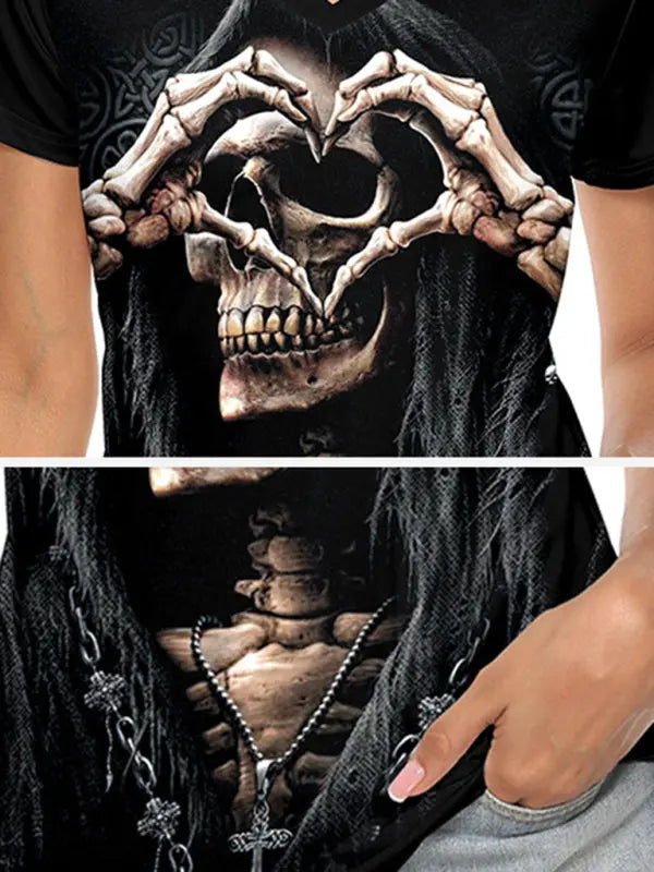 Women's Halloween Skull Heart Print V-Neck Top kakaclo