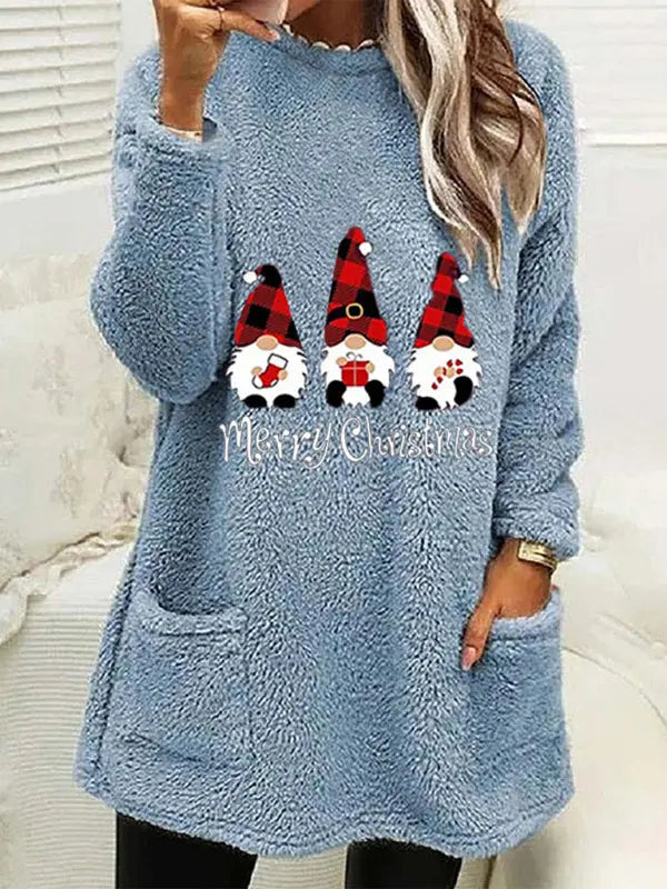 Women's Long Sleeve Casual Round Neck Pullover Pocket Christmas Plush Sweatshirt kakaclo
