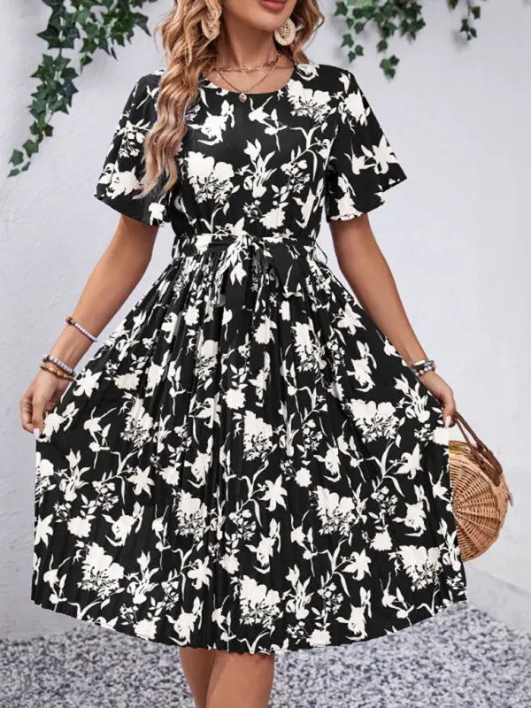 Women's New Round Neck Waist Floral Pattern Print kakaclo