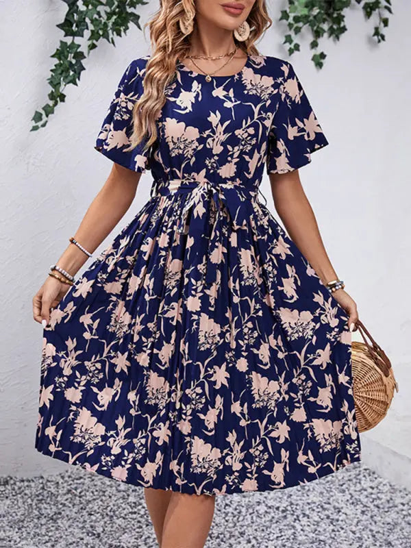 Women's New Round Neck Waist Floral Pattern Print kakaclo