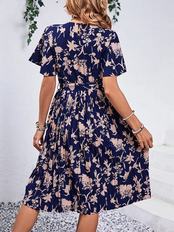 Women's New Round Neck Waist Floral Pattern Print kakaclo