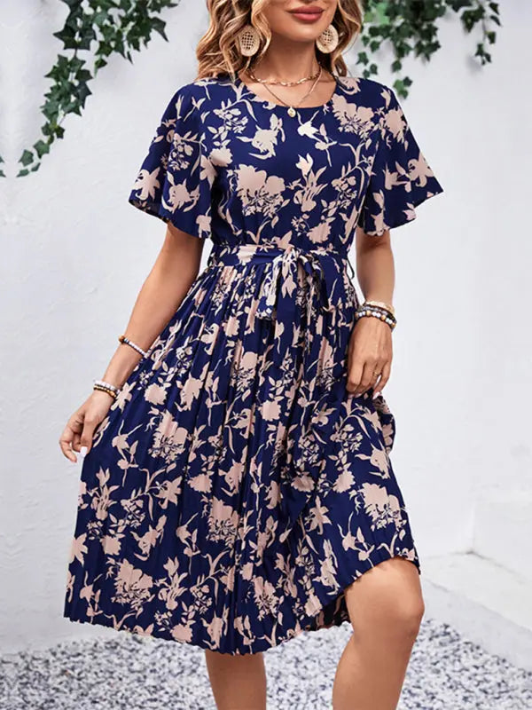 Women's New Round Neck Waist Floral Pattern Print kakaclo