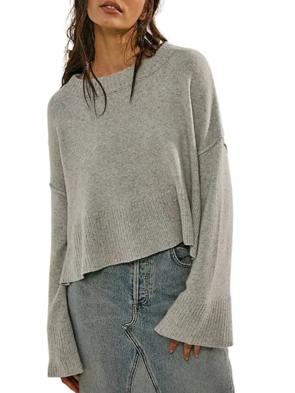 Women's New Solid Color Round Neck Bell Sleeve Pullover Simple Fashion Sweater kakaclo