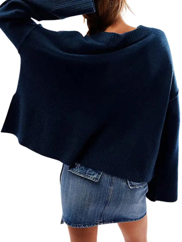 Women's New Solid Color Round Neck Bell Sleeve Pullover Simple Fashion Sweater kakaclo