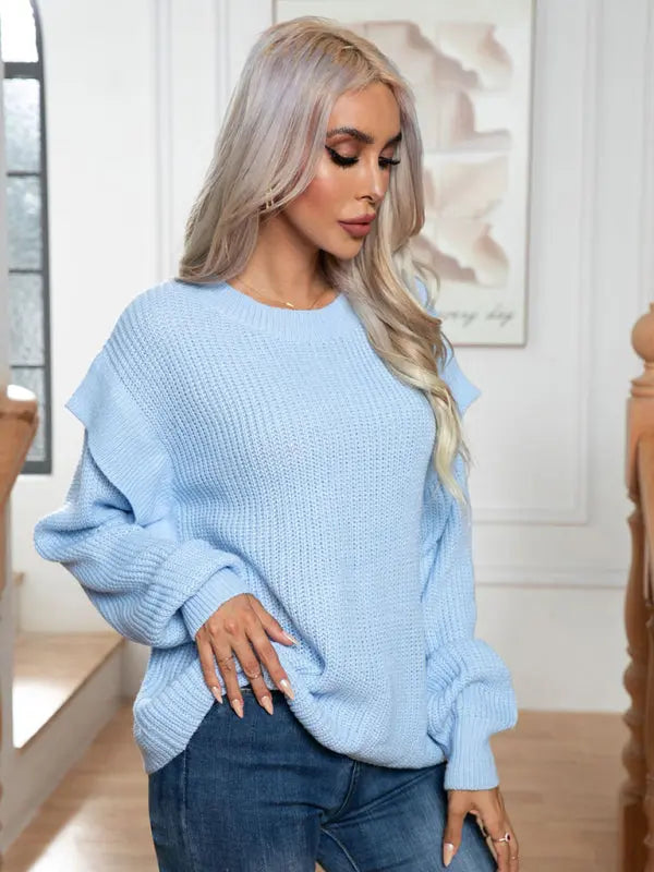 Women's New Style Drop Shoulder Long Sleeve Loose Knitted Sweater kakaclo