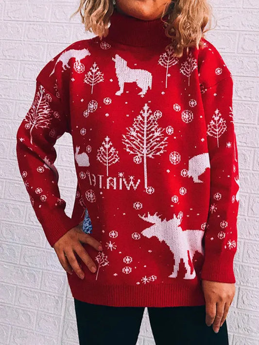 Women's New Year Christmas Themed Sweater Turtleneck Long Sleeve Knitted Pullover kakaclo