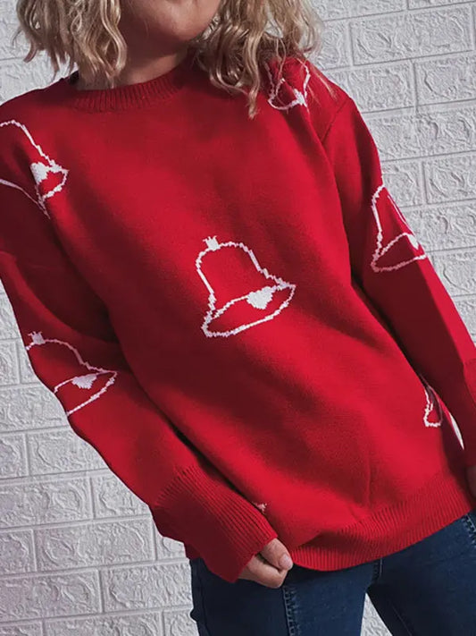 Women's Red Christmas New Year Sweater Bell Snowflake Bow Thickened Pullover kakaclo