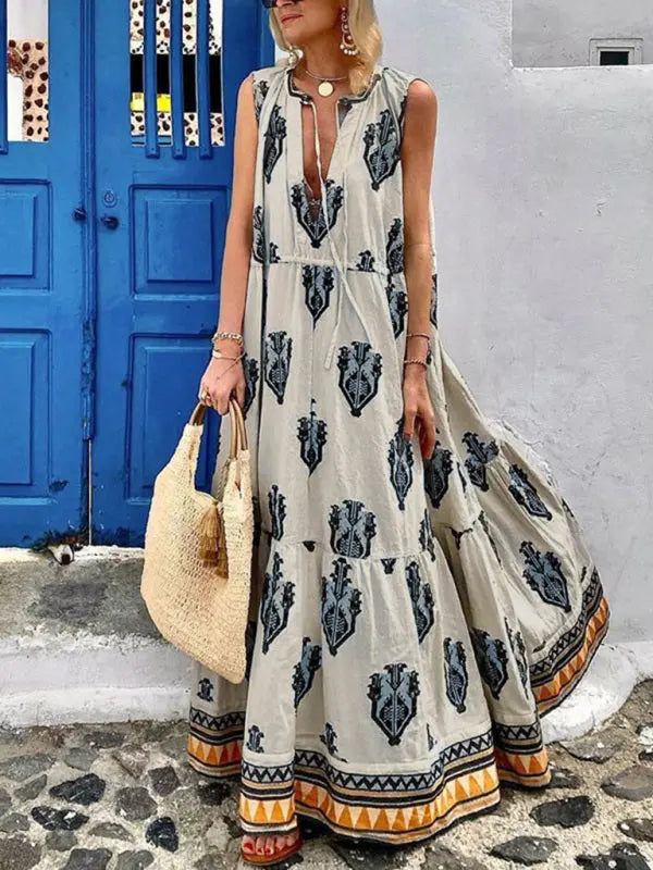 Women's Sleeveless Midi Bohemian Print Dress kakaclo